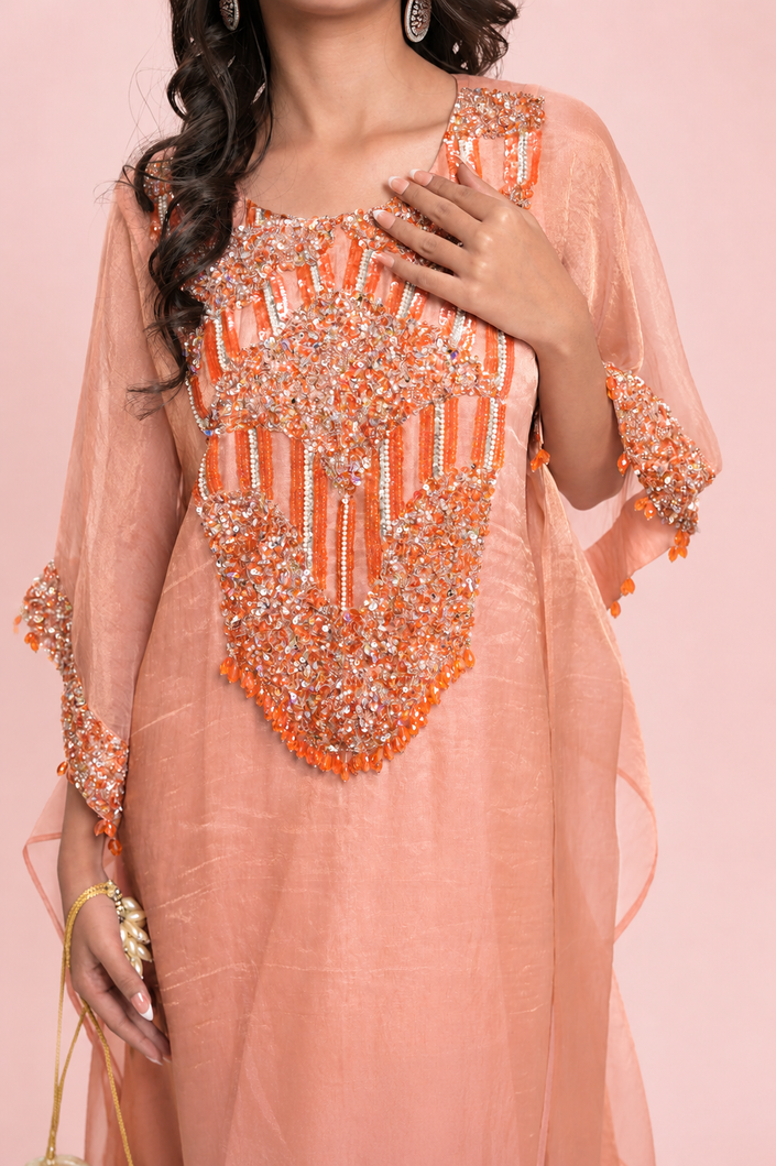 Salmon Tissue Kaftaan & Satin Pants