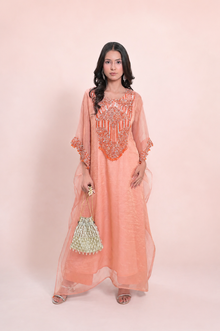 Salmon Tissue Kaftaan & Satin Pants